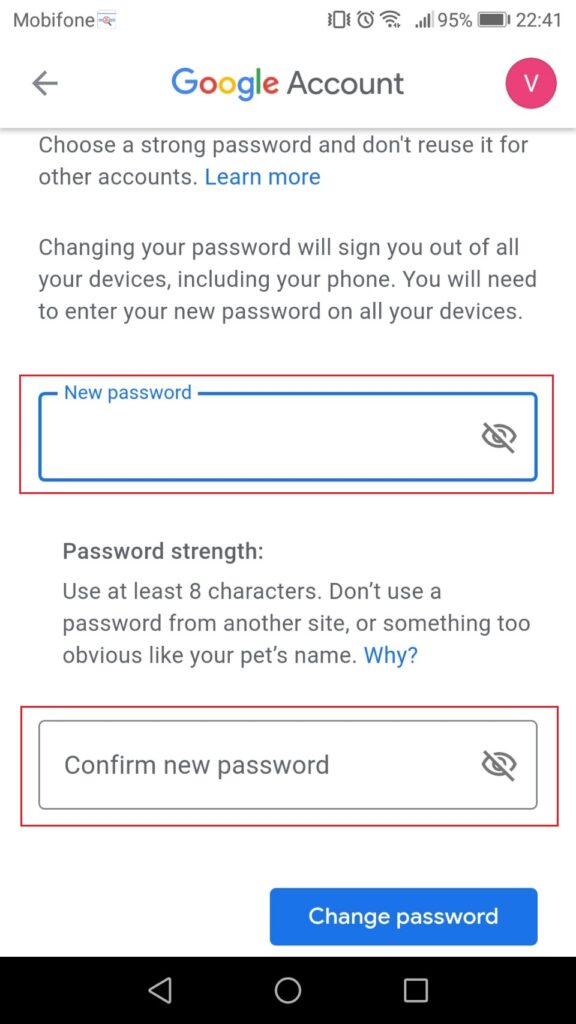 Cách đổi mật khẩu Gmail - Mobile - New password