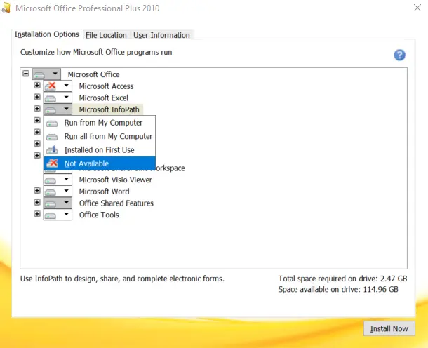 Cách tải và cài Office 2010 - Tùy chọn ứng dụng cài đặt