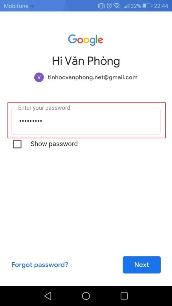 Đăng nhập Gmail - Mobile - Enter Password