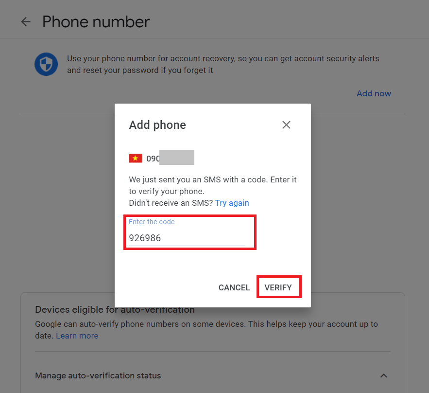 Đổi số điện thoại Gmail - Nhập mã code