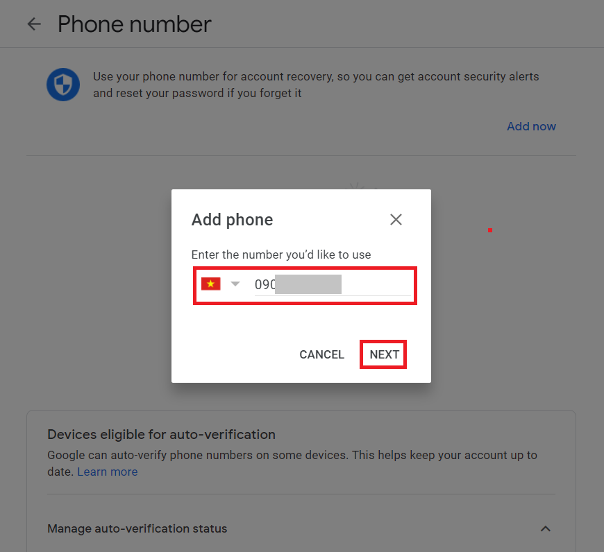 Đổi số điện thoại Gmail - Nhập số điện thoại