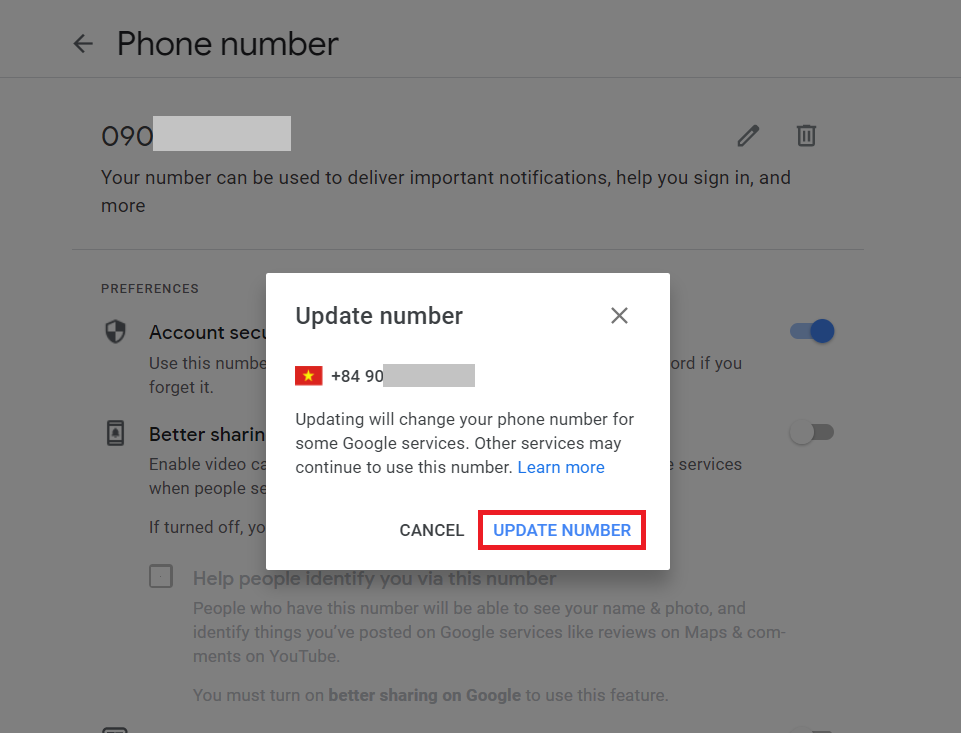 Đổi số điện thoại Gmail - Popup đổi số điện thoại
