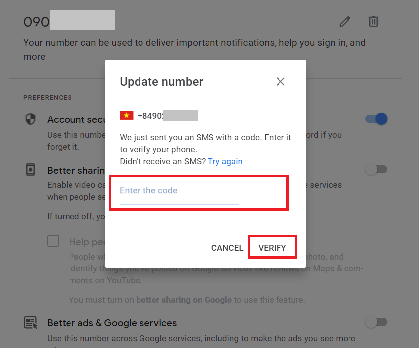 Đổi số điện thoại Gmail - Popup nhập mã xác nhận