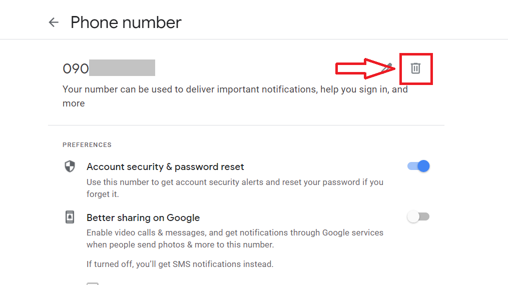 Xóa số điện thoại Gmail - Màn hình quản lý