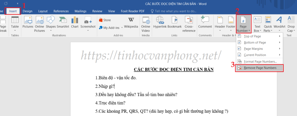 Nhấn chọn Insert -> Page Number -> Remove Page Numbers