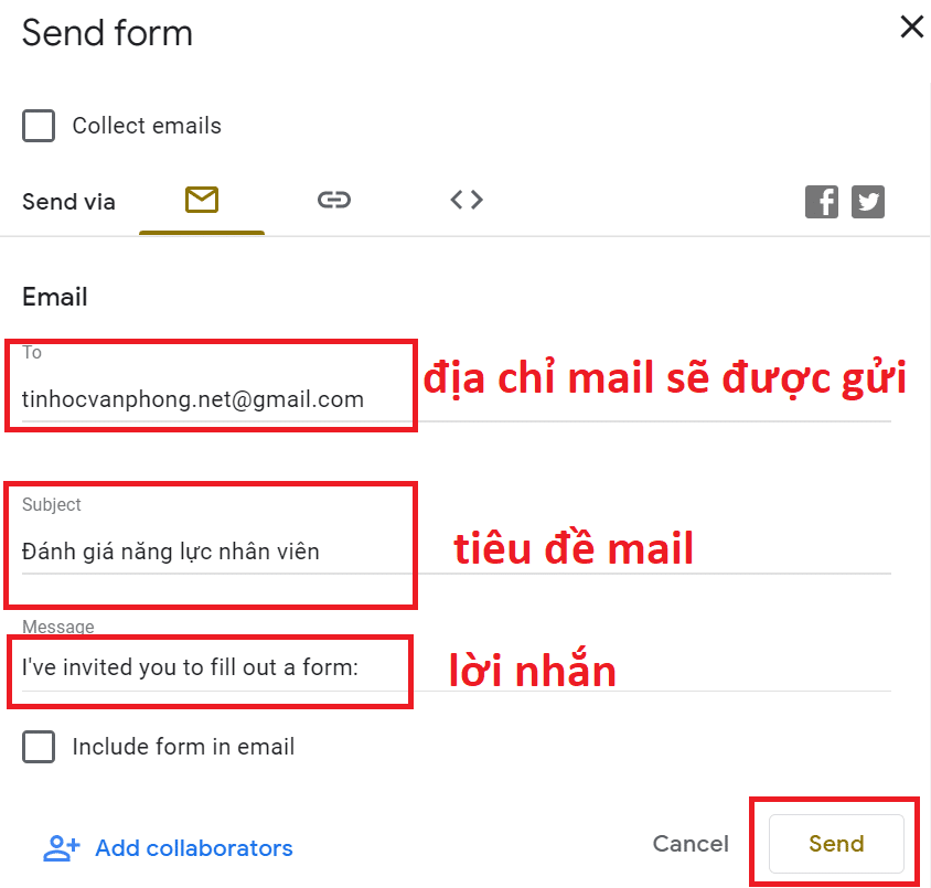 tạo form google drive - gửi form thông qua mail
