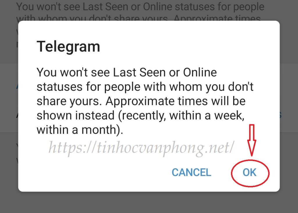 Nhấn chọn OK để tắt trạng thái online trên Telegram