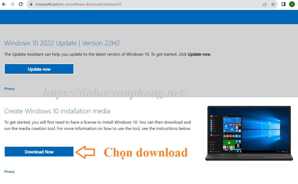 Truy cập link tải win10