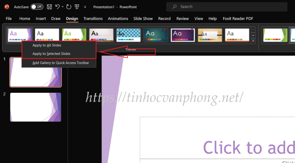 Áp dụng theme cho một hoặc toàn bộ slide