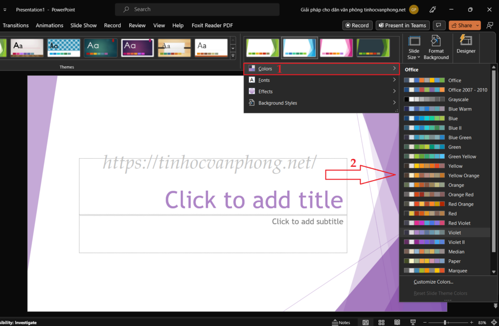 Nhấn chọn Colors rồi tiếp tục lựa chọn màu sắc cho theme