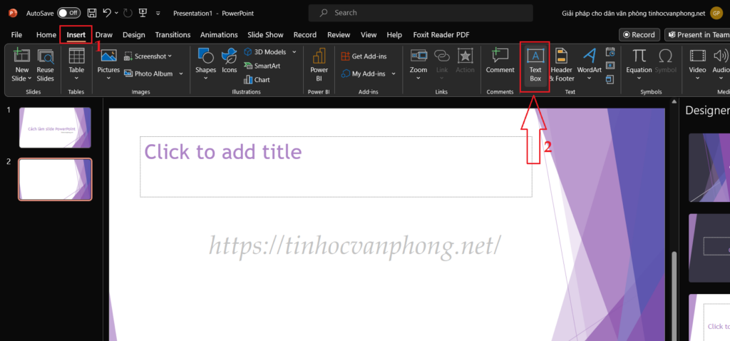 Nhấn chọn Insert -> Chọn Text Box