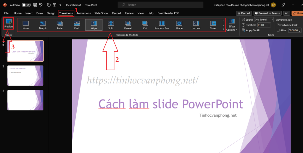 Nhấn chọn Transitions rồi chọn hiệu ứng mà bạn muốn