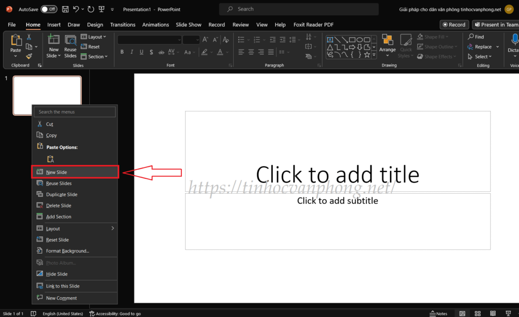 Nhấn chuột phải vào slide rồi chọn New Slide