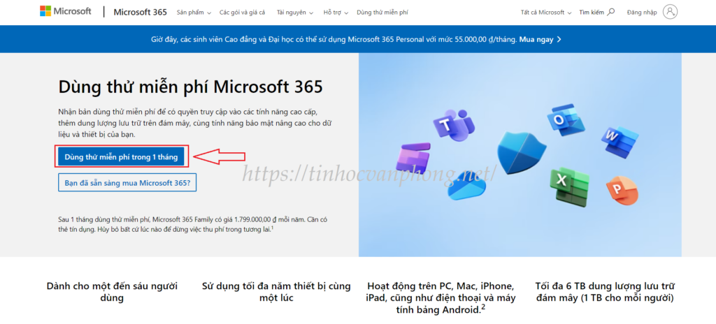 Tiếp tục chọn Dùng thử miễn phí trong 1 tháng