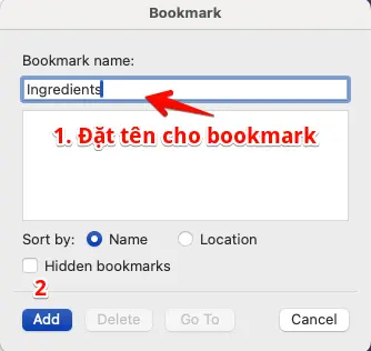 bookmark trong word - add
