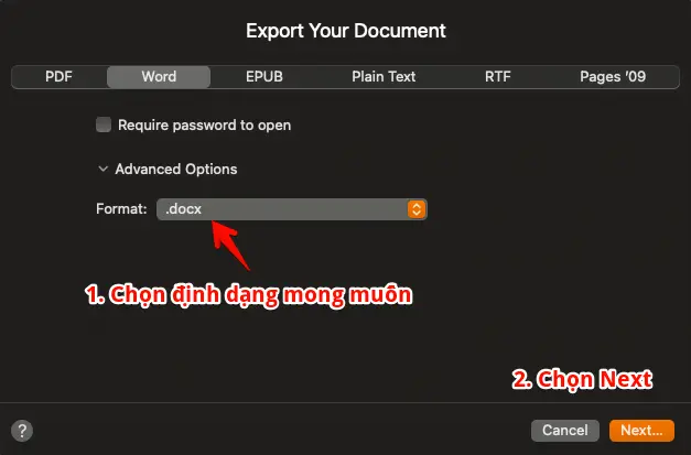 chuyển file pages sang word - export